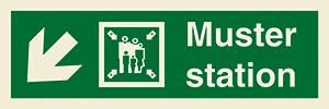 Muster station + symbol + arrow diagonally down left